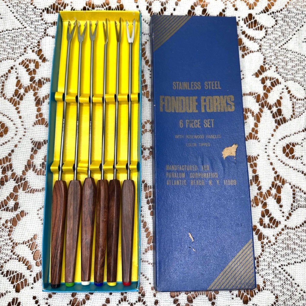 Puralum Vintage Stainless‎ Steel Fondue Forks 6 Piece Set Rosewood Handles 6007